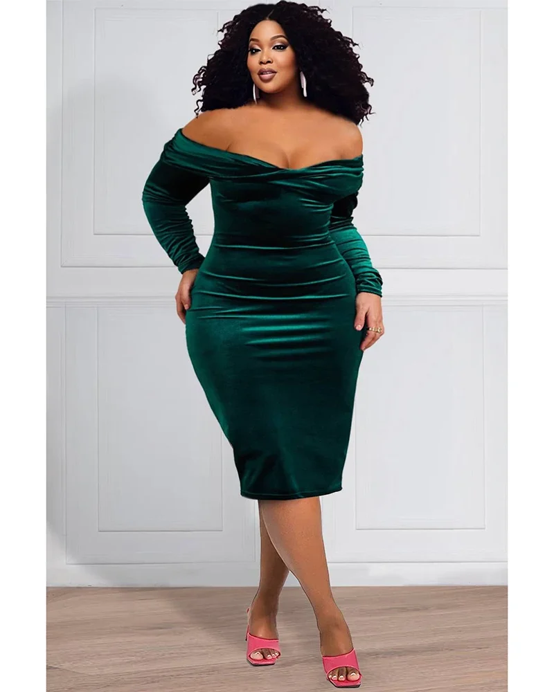 Plus Size Semi Formal Midi Dresses Elegant Off The Shoulder 3/4 Sleeve Velvet Midi Dresses