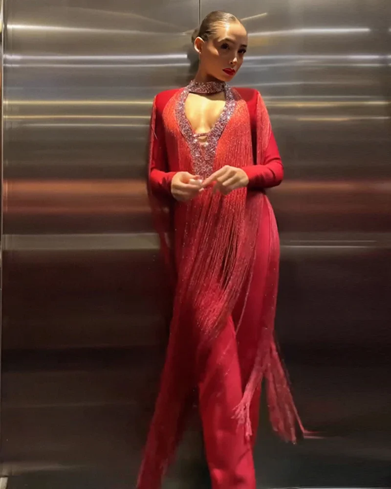 Polished Tassel Accent Jumpsuit Alluring Knitted Bodycon with Sleek Pencil Pants Style