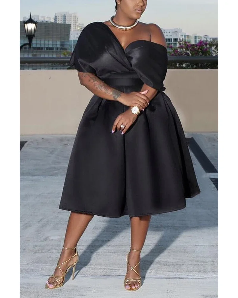 Solid Little Black Midi Dress V Neck Off Shoulder party dress