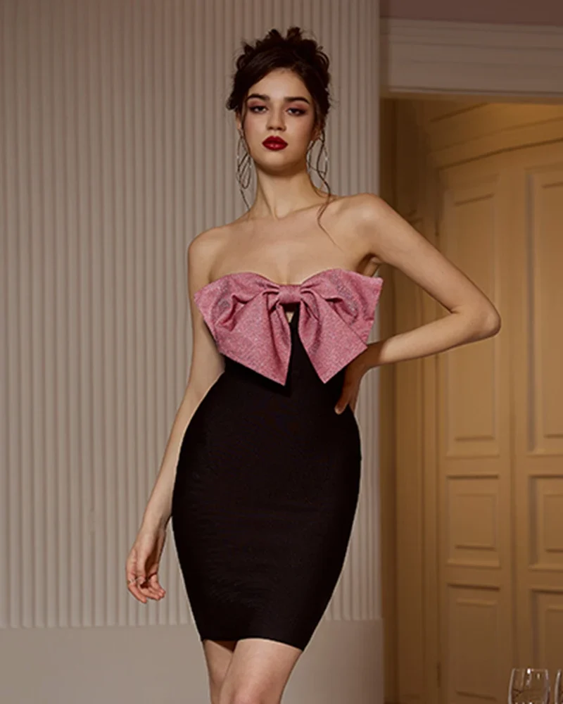Sophisticated Strapless All-Season Floral Bow Mini for Ladies Sheath Dress-1 Sophisticated Strapless All-Season Floral Bow Mini for Ladies Sheath Dress