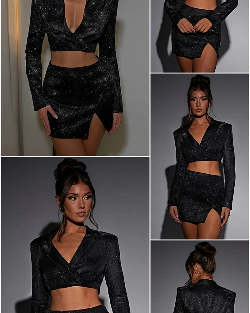 Sparkle Two Piece Set Stand Collar Long Sleeve With Lining Blazer And Mini Skirt Glitter Dress Set