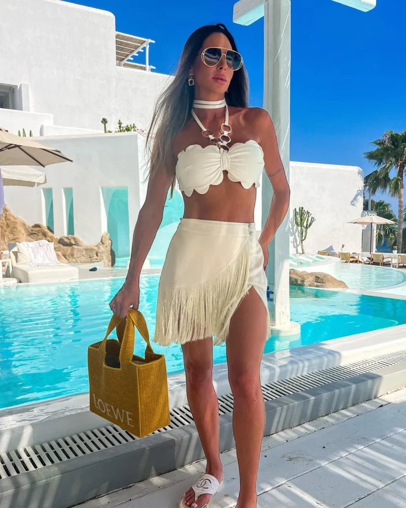 Casual Halter Lace Bra Tassel Mini Skirt Suit Beach Vacation Two Piece Bikini Set