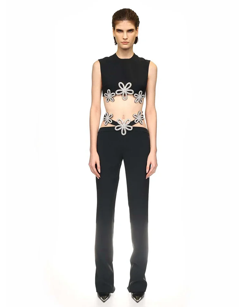 Tank Top Flower Diamond Low Waist Mesh Spliced Tight Pants Heavy Industry Two Piece Set