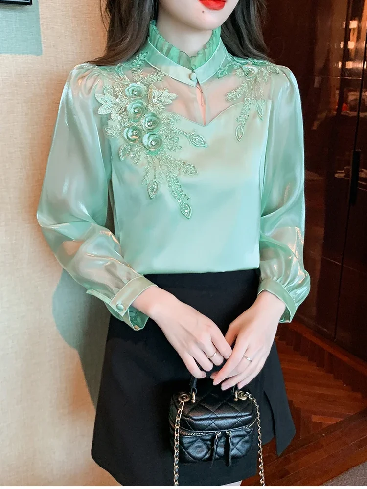 Timeless Bead-Adorned Chiffon Shirt Perfect for Work Wardrobe