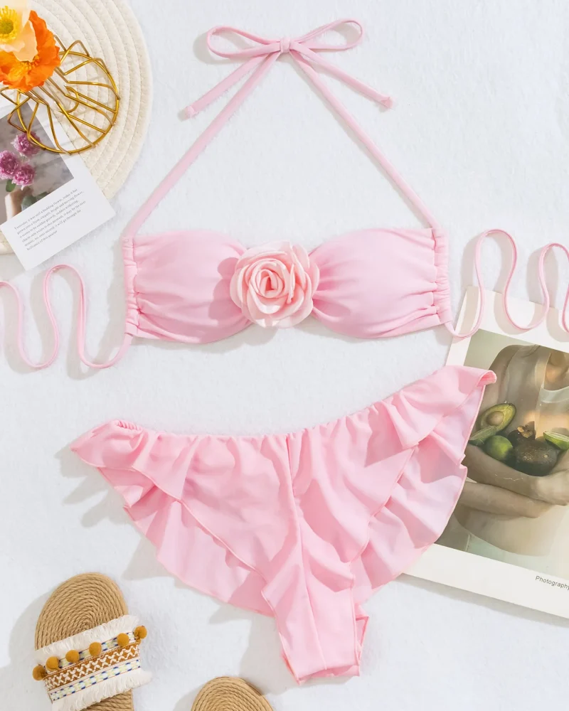 Two-piece 3D floral micro bikini set push up swimwear bathing swim suits ruffle bottom