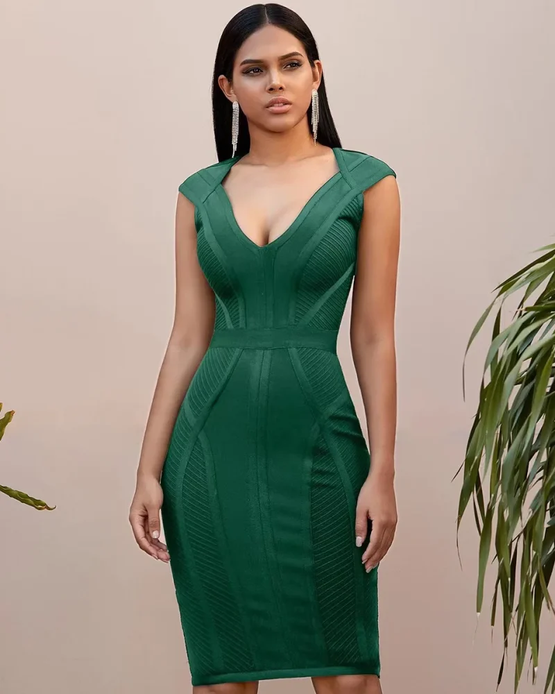 V Neck Bandage Dress Bodycon Robe Soiree Femme Evening Club Party Vestidos