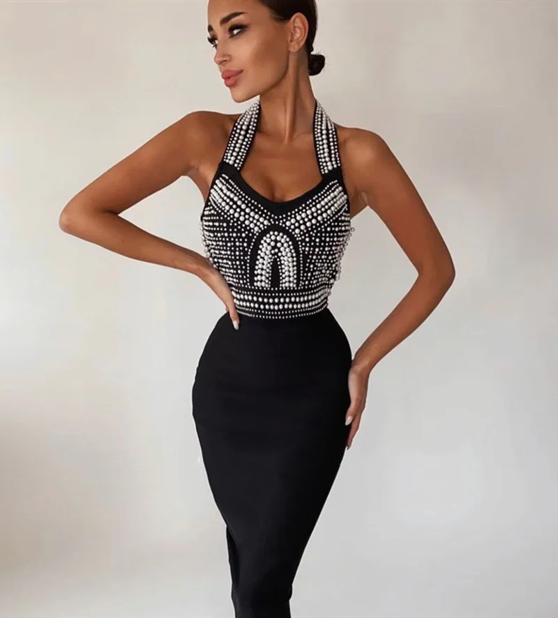 V Neck Beading Bandage Vestido Feminino Elegante Robe De Bal Evening Club Party Prom Dress