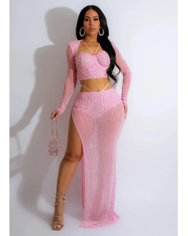 2 Piece Bodycon Outfits Sparkly Rhinestone Sequin Dress Long Sleeve Sheer Birthday Party Club Night