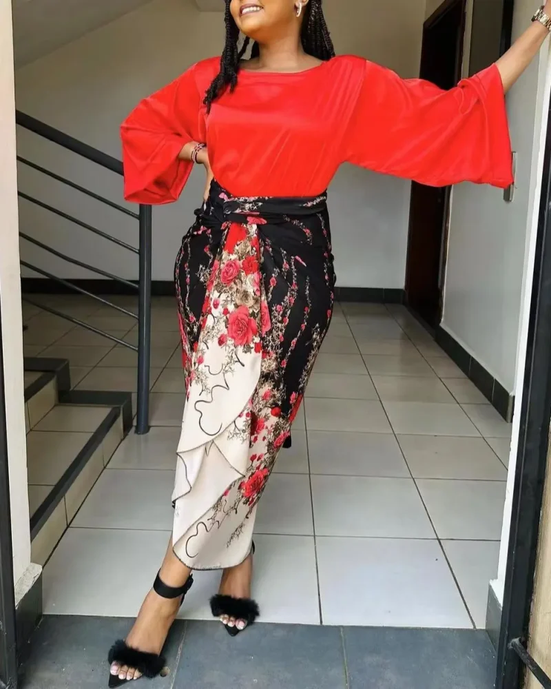 2 Piece Set Satin Outfits Floral Print Dress Long Sleeve Ribbed Party Vacation Outfits