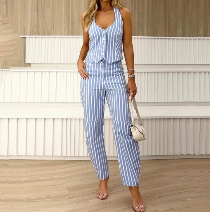 2 Pieces Sets Outfit Stripe Buttoned Vest Top And Casual High Waist Pocket Pants Set
