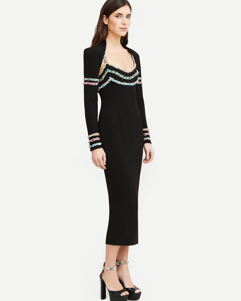 2-piece Long sleeved Colorful Diamond Bandage Midi Dress Bodycon Celebrity Party Cocktail Dress