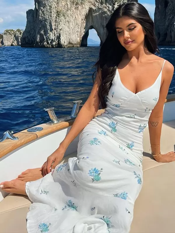 Bodycon Dresses Floral Print V-Neck Backless Sleeveless Pencil Dress