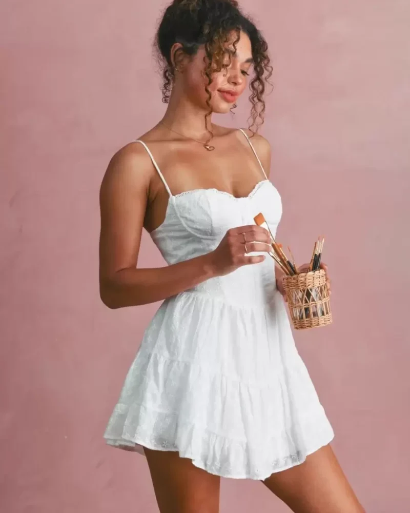 Bohemian Dress Mini Dresses Straps Neck Lace Cotton Beach