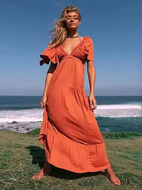 Boho Dress Pleated V-Neck Short Sleeves Backless Outdoor Dress