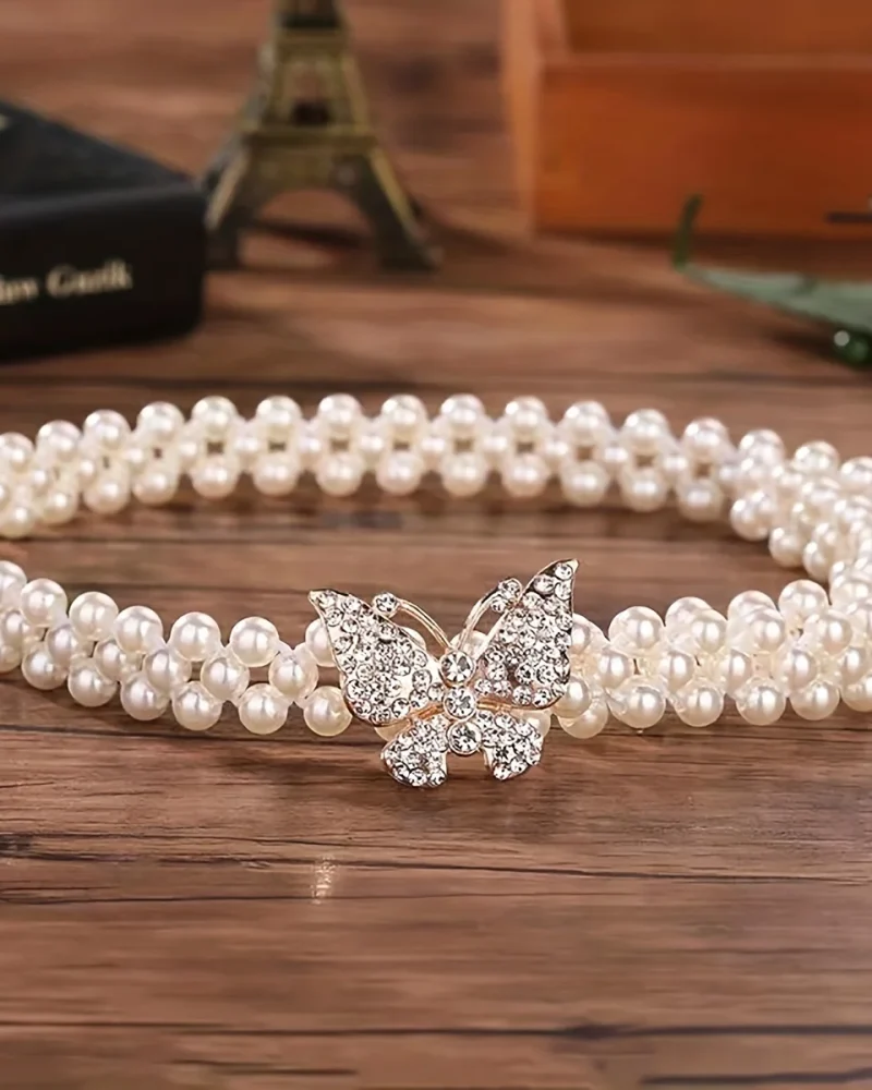 Butterfly Buckle Belt with Faux Pearls and Rhinestones - Elastic Waistband
