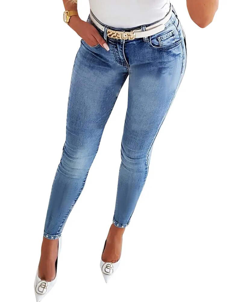 Butterfly Pattern Rhinestone Beaded Split Hem Skinny Jeans Pencil Denim Pent