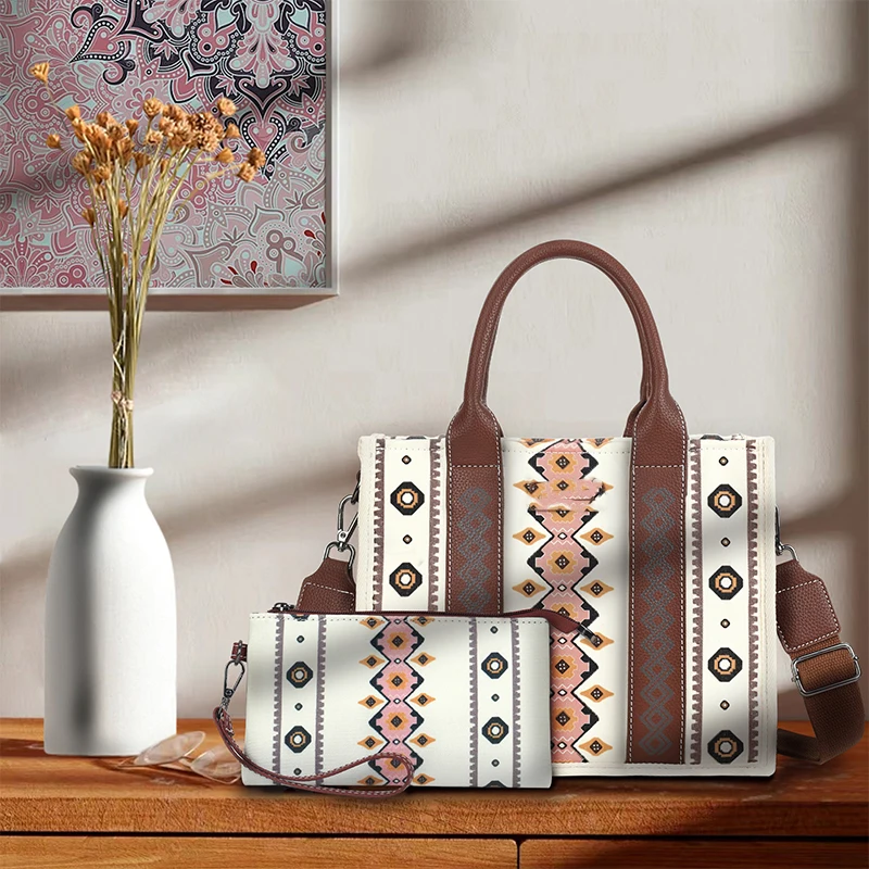 Canvas Western Printed Tote Handbag Large Capacity Shoulder Boho Aztec Bags Wrangler Commuter Shopping Purse