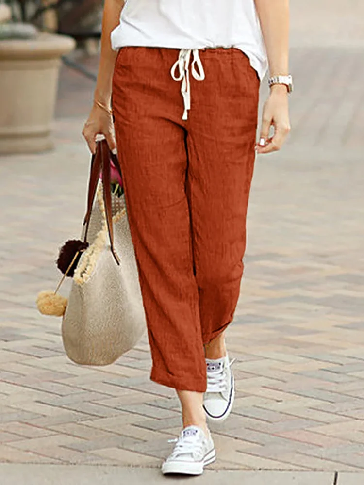 Casual Cotton Linen Loose Solid Pockets Elastic Waist Straight Long Trousers Pants-5 Casual Cotton Linen Loose Solid Pockets Elastic Waist Straight Long Trousers Pants