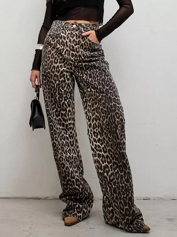 Casual Pants Cotton Natural Waist Leopard Print Cotton Trousers