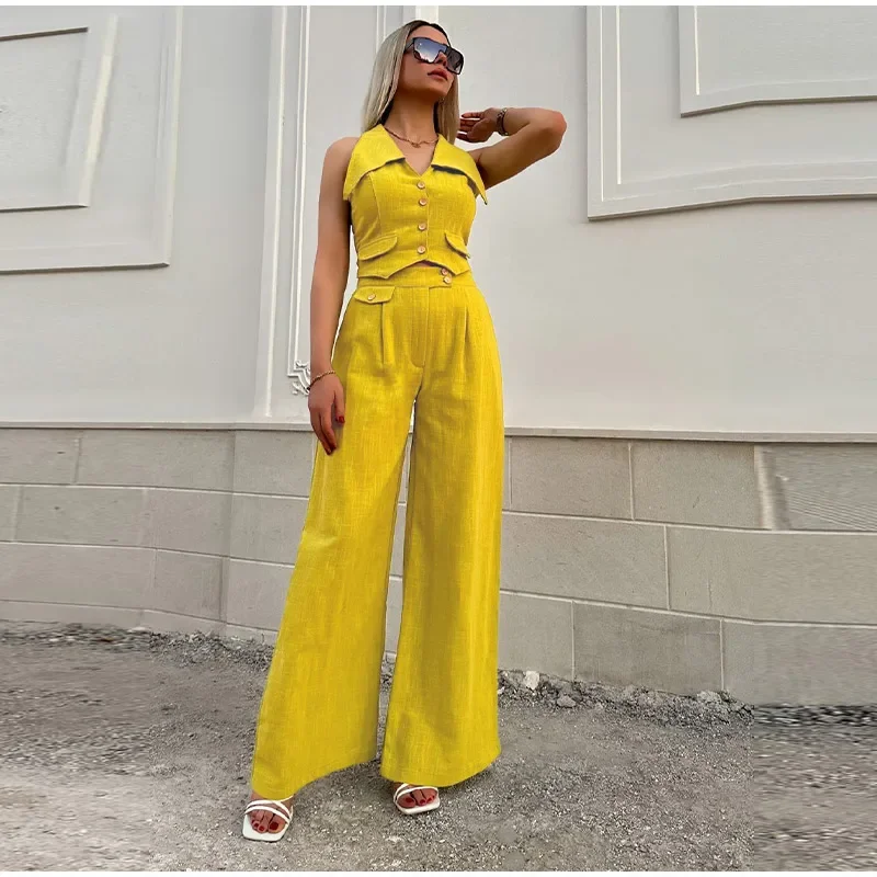 Casual Short Vest Top Pants Suit Button Up Lapel Tops Wide Leg Zipper Pants Suit