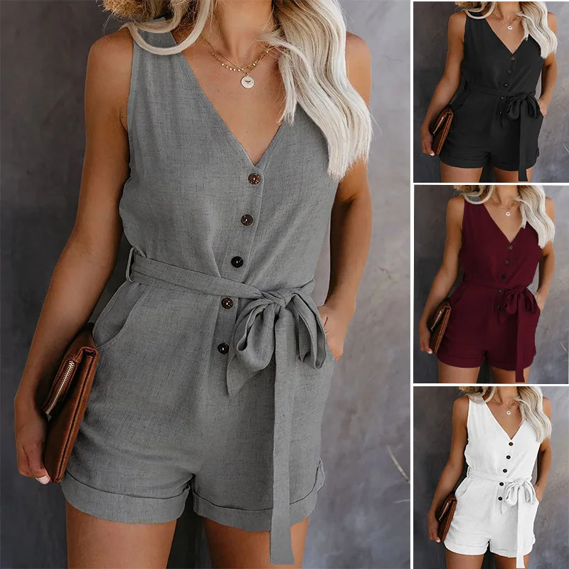 Casual V-neck Monochromatic Jumpsuit, Five-Point Shorts