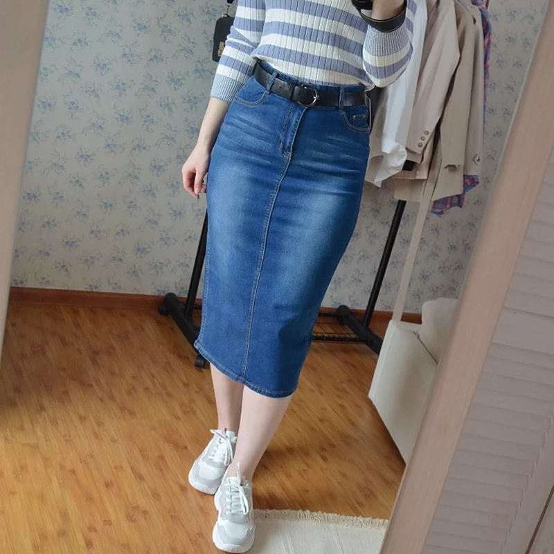 Classic Denim Skirt Long Jean Skirt High Waist Pencil Skirt