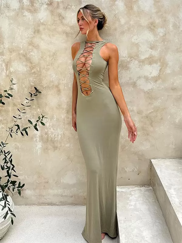 Club Dress Jewel Neck Lace Up Sleeveless Polyester Cupless Dress