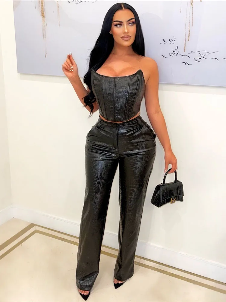 Corset Cut-Out Cargo Sleeveless Jumpsuits PU Leather Matching Set Club wear 2 Piece Outfits