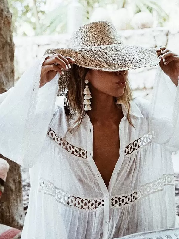 Cover Ups Cut Out Turndown Collar Long Sleeves Oversized Polyester Beach Swimming Suits