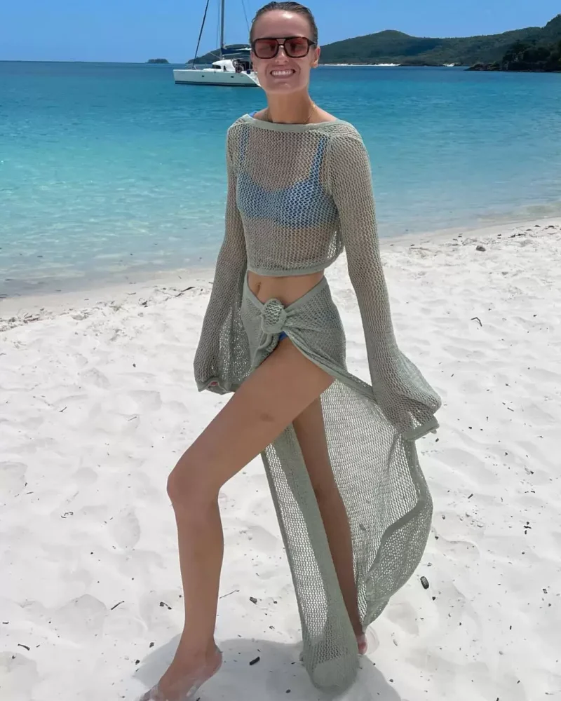 Cover Ups Knotted Jewel Neck Long Sleeves Backless Acrylic Bathing Suits