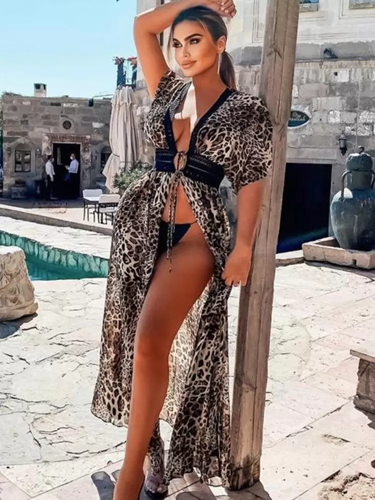 Cover Ups Leopard Print V-Neck Long Sleeves Polyester Beach Bathing Suits