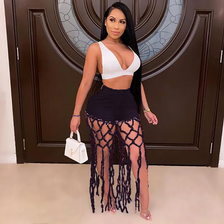 Criss Cross Grid Tassels High Waist Solid Hot Denim Shorts