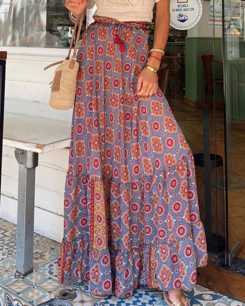 Daily Fashion Skirt Ruffles Comfortable Print Long Raised Waist Bottoms long Skirt