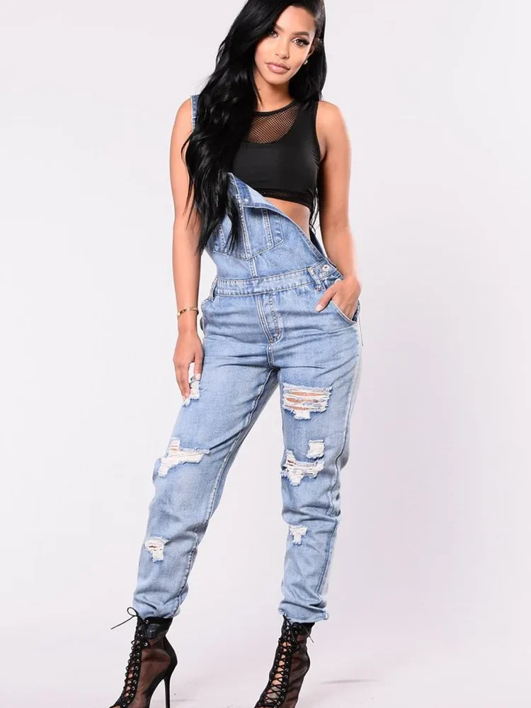 Denim Fashion Ripped Loose Casual Overall With Pocket Jeans Dungaree