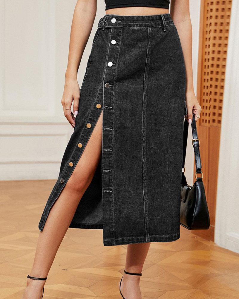 Denim Full Skirt High-Waisted Button Fly Asymmetrical Bottom Skirt