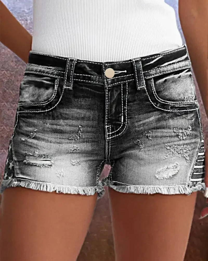 Denim Skinny Fit Mid Waist Solid Color Streetwear Shorts