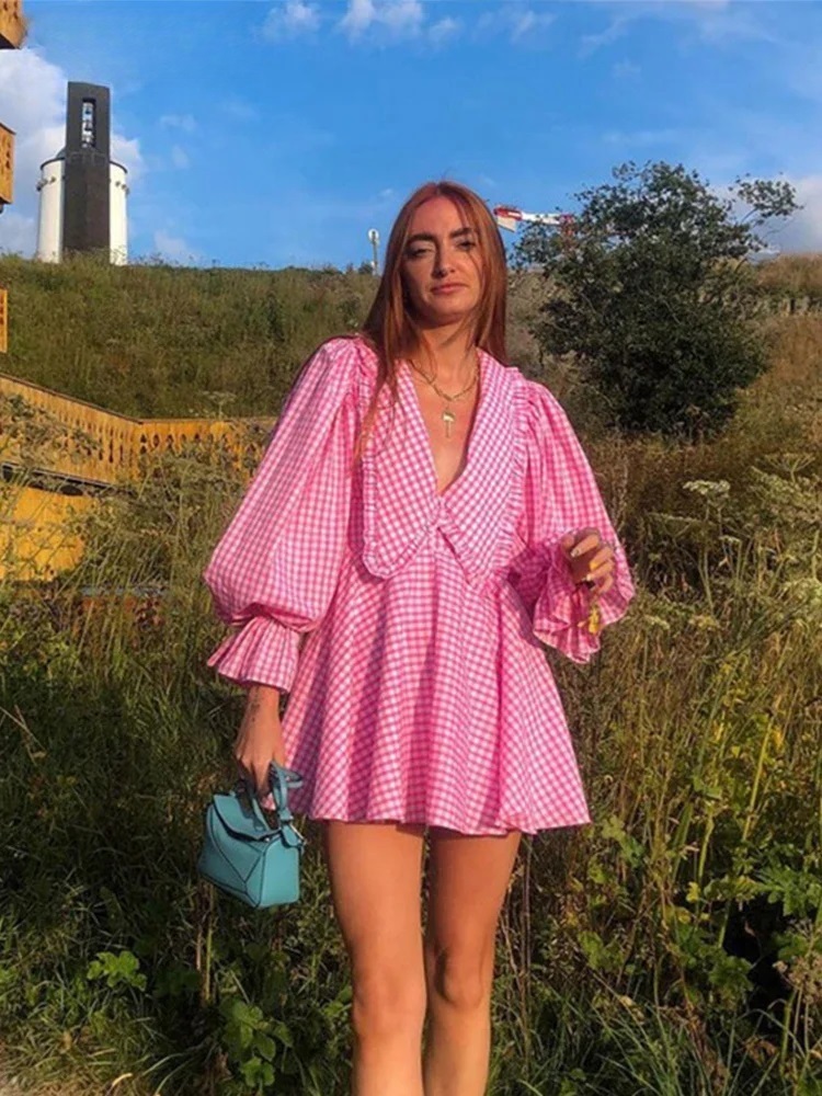 Doll Collar Deep V Neck Long Flare Sleeve A-line Mini Dress Robe