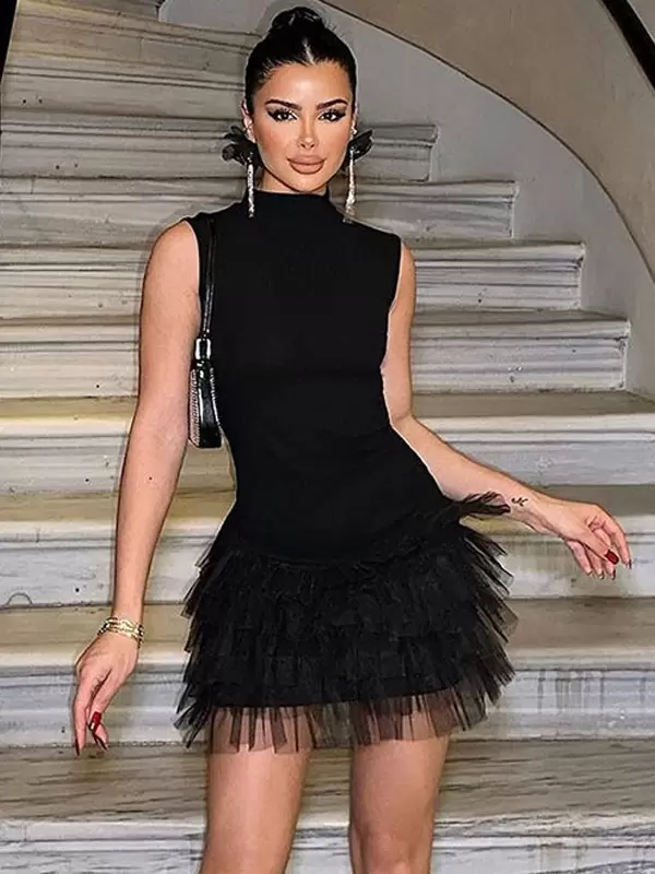 Dress Mini Dresses High Collar Ruffles Organza Beach Dress