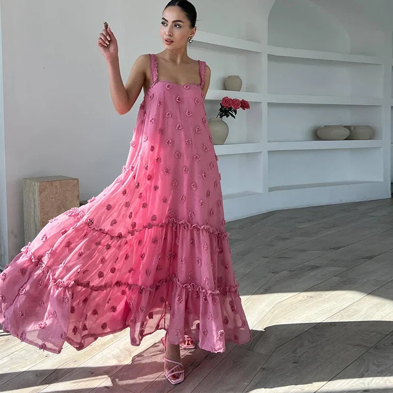 Elegant 3D Flower Spaghetti Strap Loose Long Dresses Ruffles Lady Robe