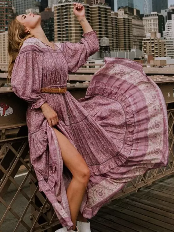 Elegant Boho Dress Jewel Neck Long Sleeves Printed Beach Dress