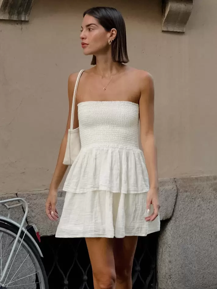 Elegant Dress Mini Dresses Strapless Pleated Cotton Beach Dress