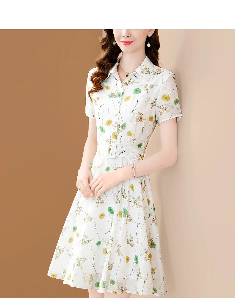 Elegant Floral Printing Polo Neck Office A-line Slim Party Chiffon Dress Vestidos