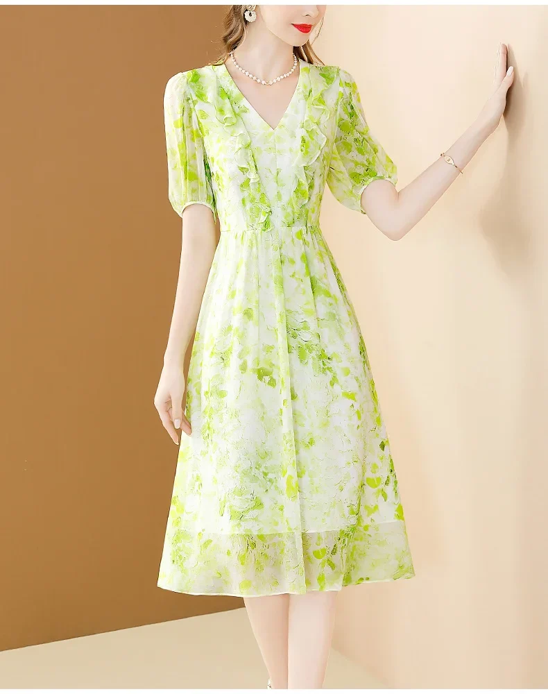 Elegant Floral Printing Slim Office A-line Ruffles Fairy Chiffon Dress Vestidos