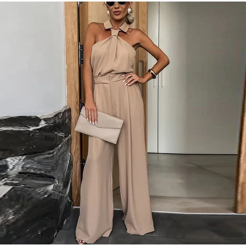 Elegant Halter INS Solid Pockets Pleated Wide Leg Jumpsuits Leisure Lady Romper