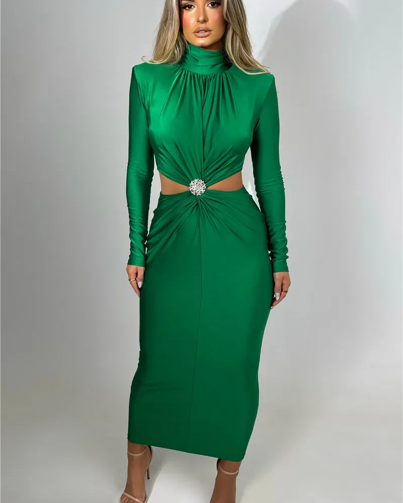 Elegant Hollow Out Turtleneck Long Sleeve Bodycon Club Party Evening Dress