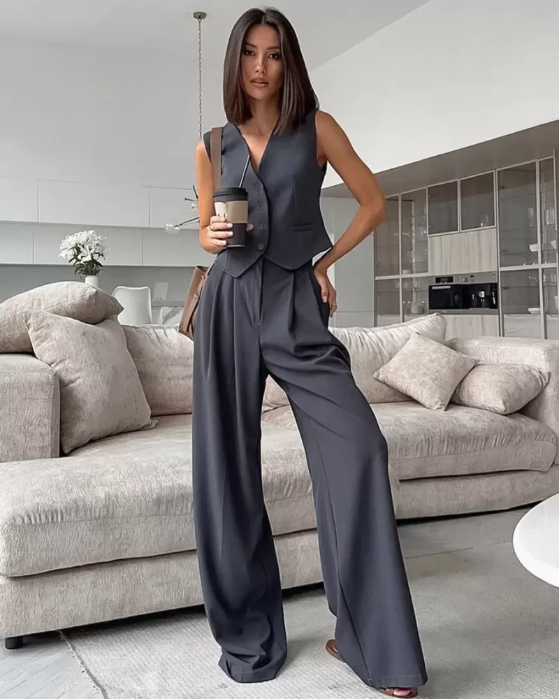 Elegant Pant Set Chic Daily V-neck Casual Buttons Polyester