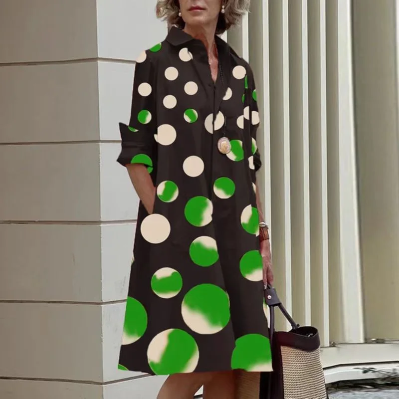 Elegant Print Daily Commuter Dresses Side Double Pockets Long Sleeve Midi Gown