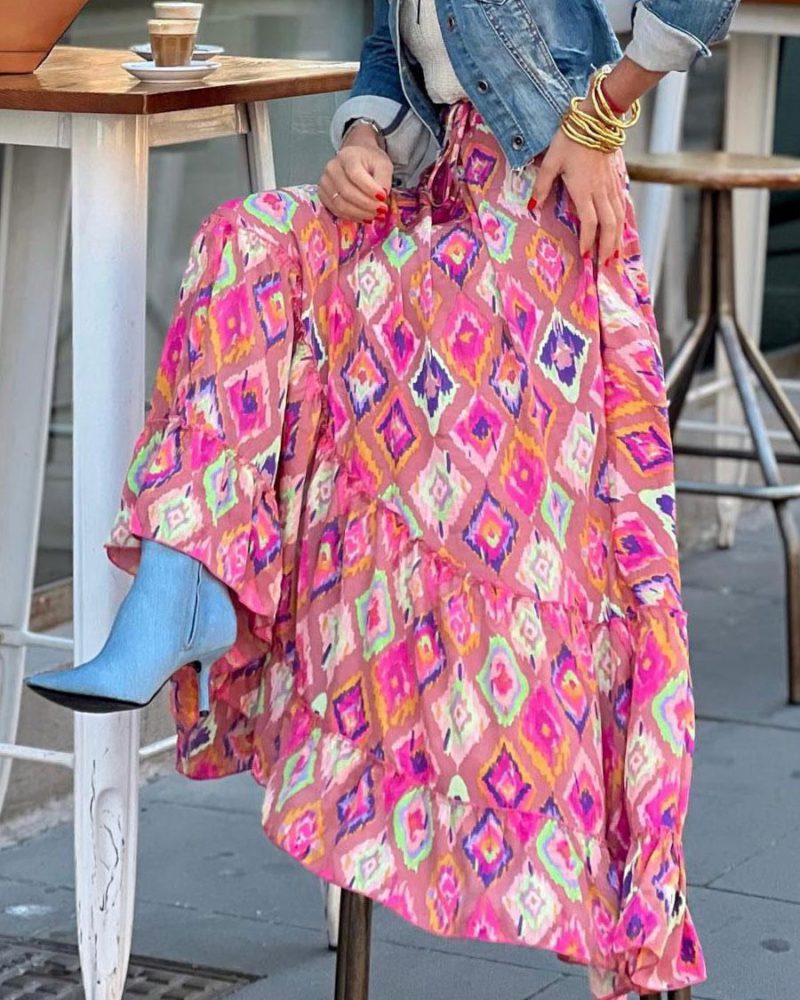 Elegant Raised Waist Skirt Ruffles Print Long Bottoms long Skirts