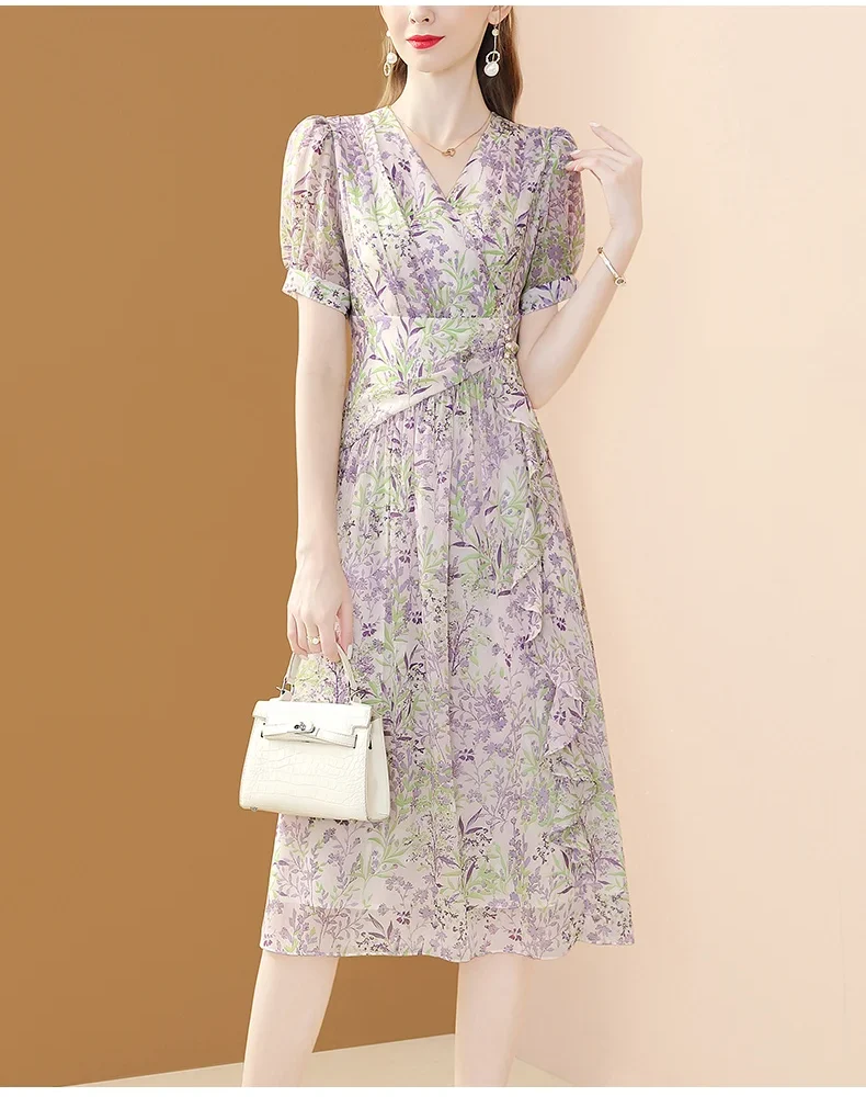 Elegant Ruffles Irregular V-neck Chic Floral Printing A-line Slim Fairy Chiffon Dress
