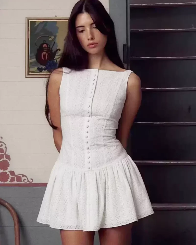 Elegant Short Dress Jewel Neck Buttons Short Beach Dress